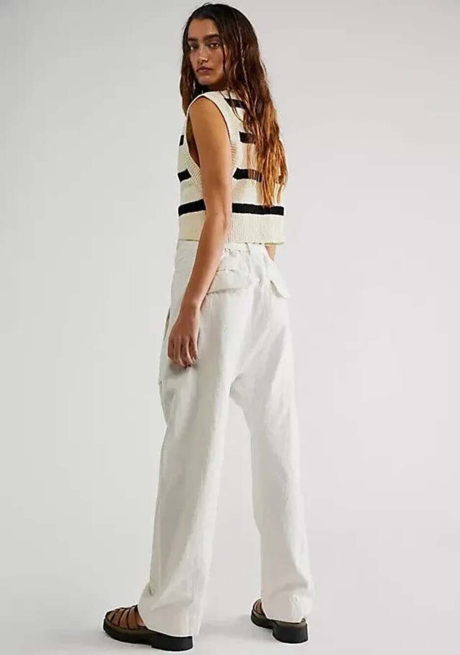 Free People Sky Rider Straight-Leg Ecru Paperbag Waist Pants Large - Picture 4 of 15